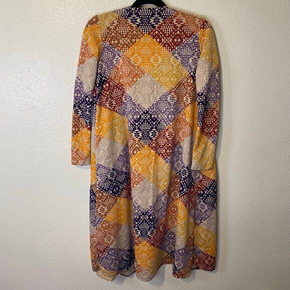 LulaRoe Sarah Duster Cardigan Sweater W/ Pockets Patchwork Jacquard Boho Size Sm - Picture 4 of 6